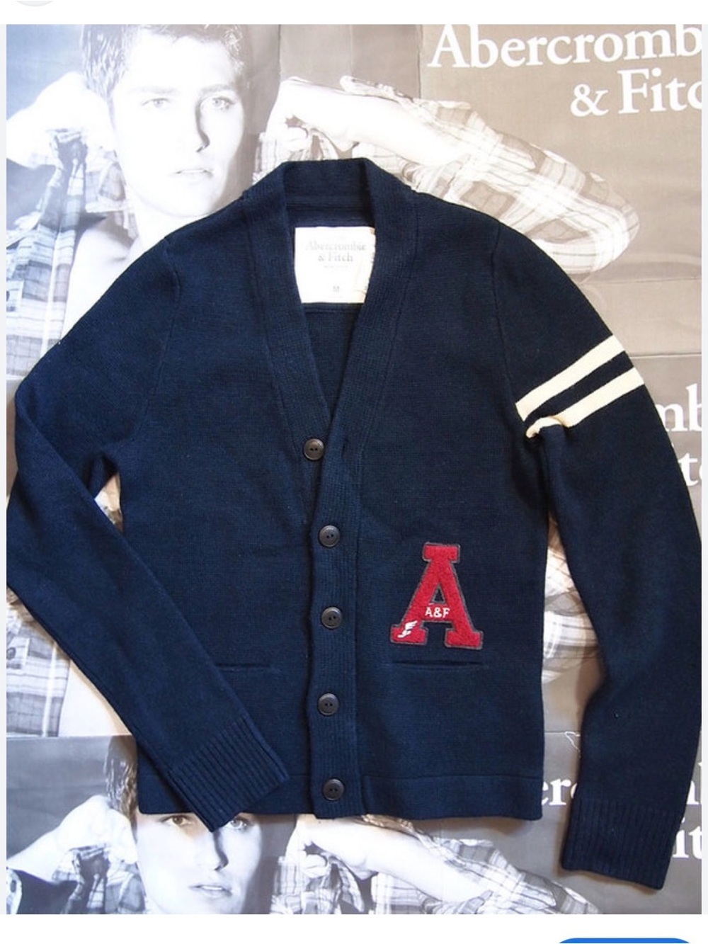 Vintage A & F Preppy Navy Button Front Cardigan Red 'A' Patch Striped Arm Size L